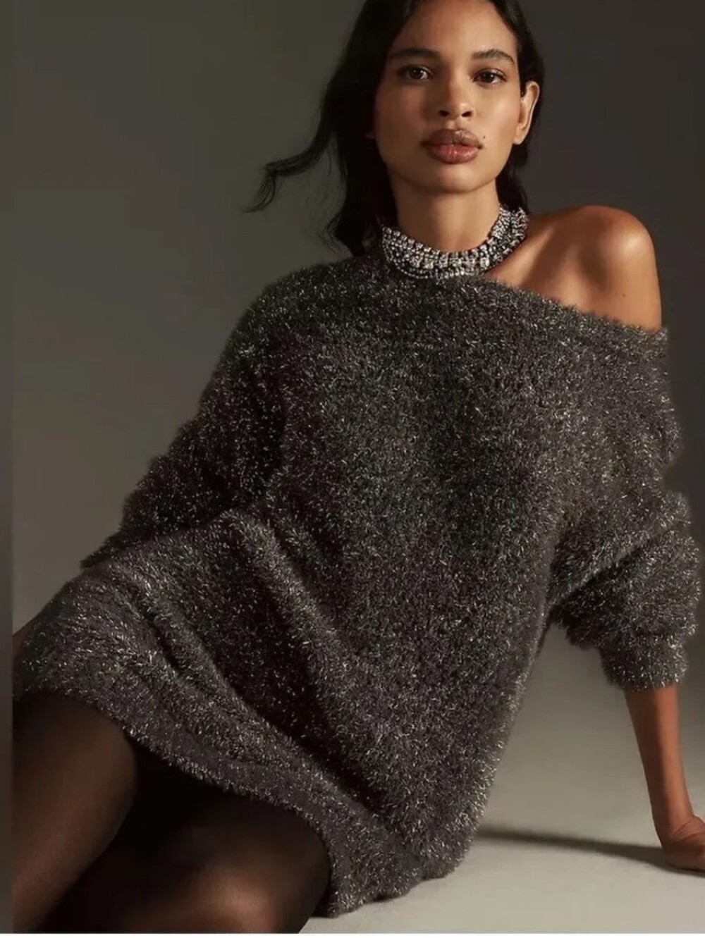 Anthropologie Eyelash Knit Sweater Mini Dress Silver & Grey Women's Size Small